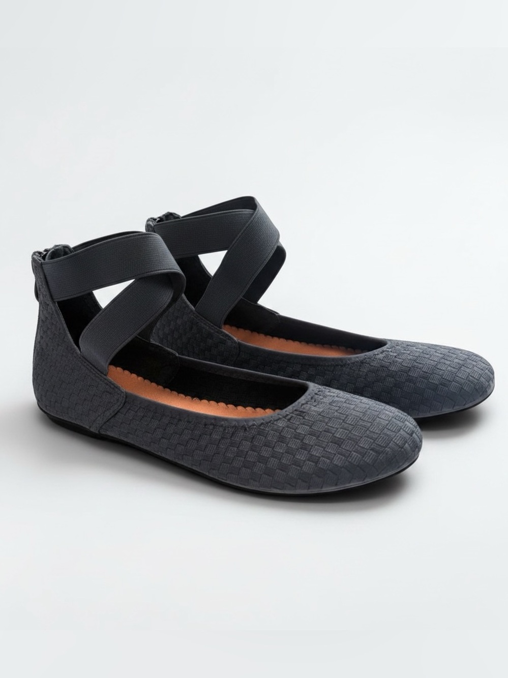 Black Ankle Cross-Strap Woven Memory Foam Ballet Flats